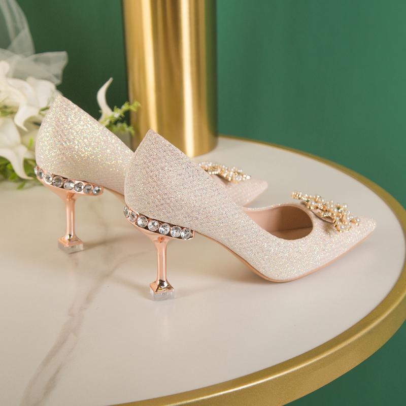Fashion Spring Casual Wedding Bride Rhinestone Gold Fashion High Heels Metal Buckle Sexy Work Shoes 7cm Large Size Female Shoe High Heel