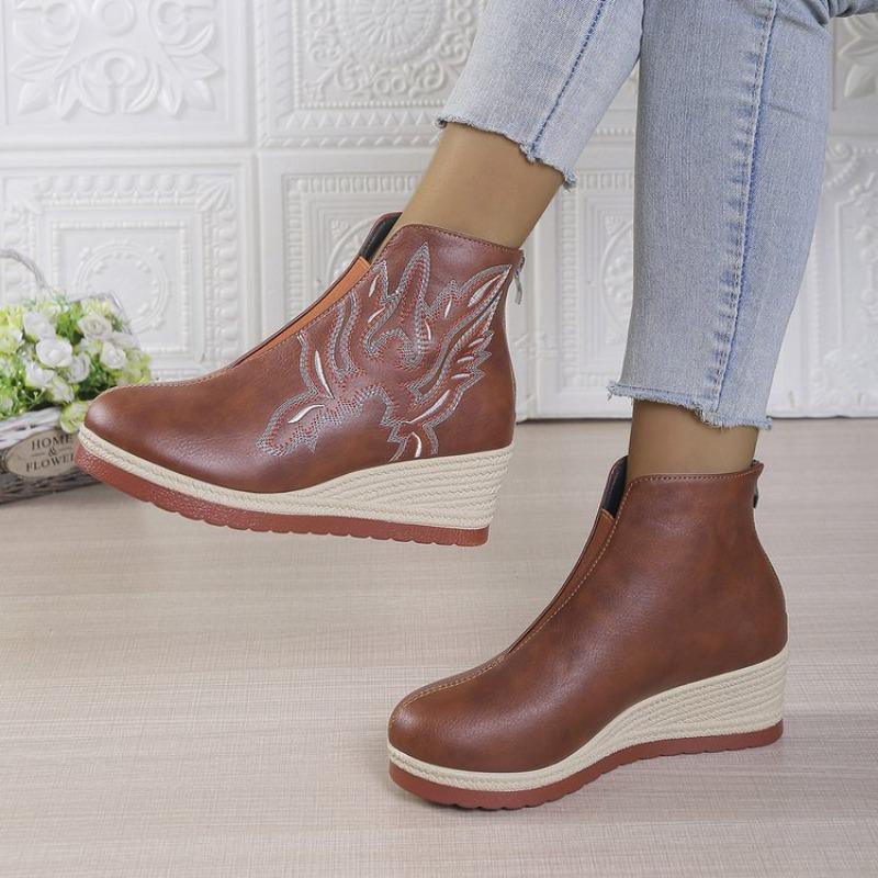 Embroidered Back Zip Wedge Single Shoes Autumn New Round Toe Platform Anti-Slip Wear-Resistant Short Shoes