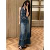American Retro Denim Two-piece Set Women's Summer Design Feeling Spice Girl Short Vest High Waist Split Half Body Long Skirt Set
