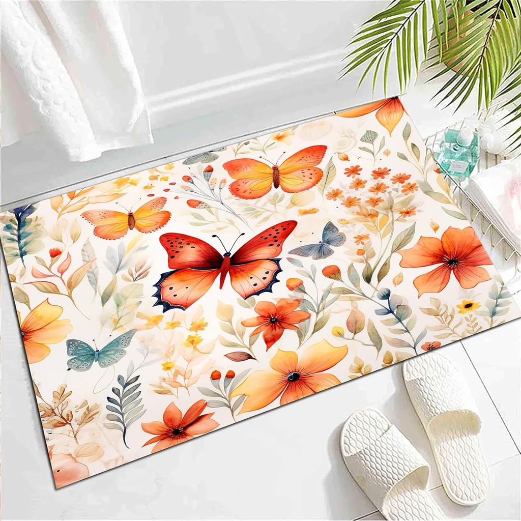Wild Animal Butterfly Carpet Spring Garden Plant Floral Rug for Bedside Sofa, Botanical Flower Floor Mat Home Entrance Doormat