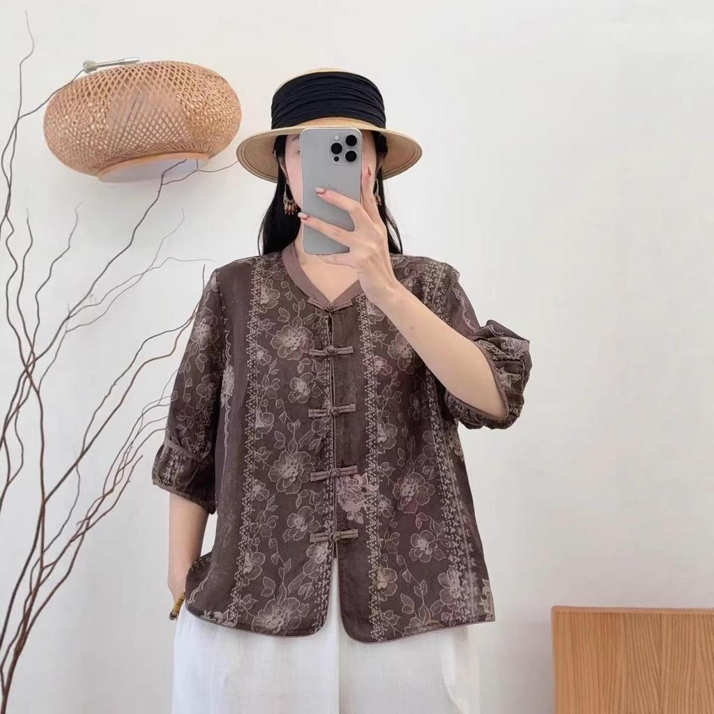2026 Spring/Summer Women's Retro Ramie Printed Stand Collar 3/4 Sleeve Frog Button Cardigan Shirt