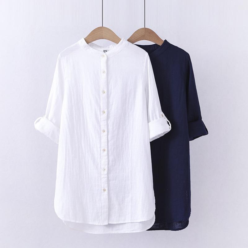 Camisa de Algodón Japonés de Primavera de Longitud Media para Mujer, Holgada e Informal