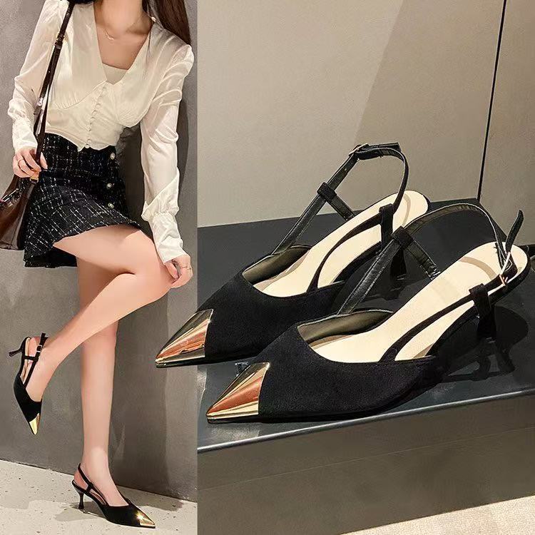 Temperament Royal Sister Single Shoes Women's Summer Metal Pointed Heel Spring New Versatile Black Patent Leather Baotou Sandals