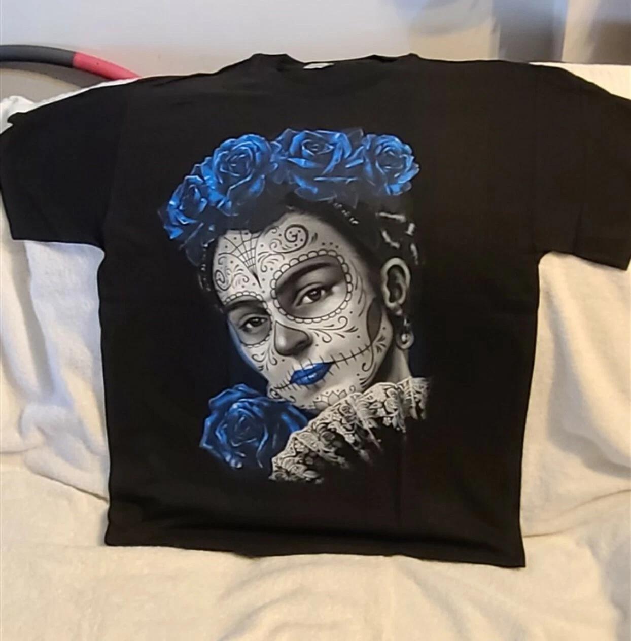 DAY OF THE DEAD WOMAN MUERTA BLUE ROSE FAN TATTOO SUGAR SKULL T-shirt 4XL