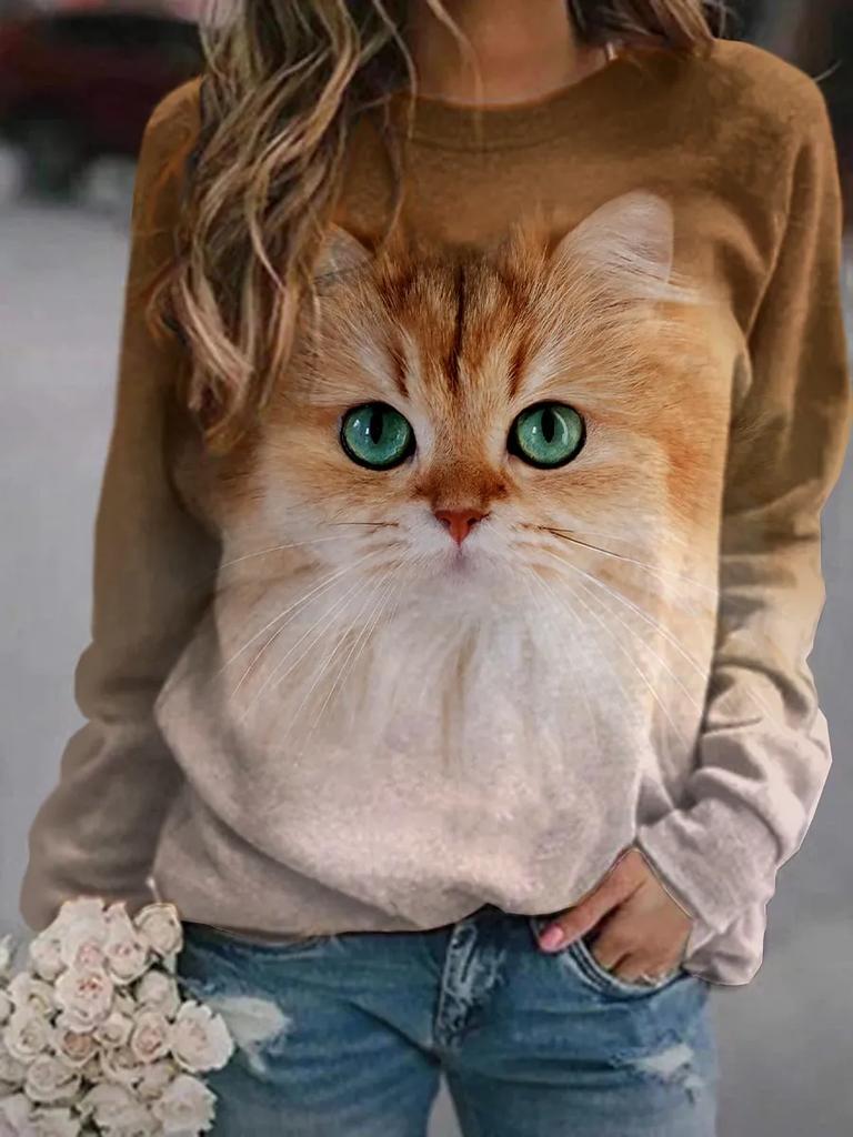 Large-sized New 3D Cute Cat Print Women's O-Neck Long Sleeve T-shirt Pullover Loose T-shirt Plus Size Casual Fashion Women's Top