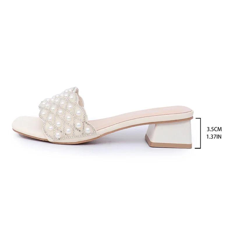 Fashion Pearl Decor Low Heels Slippers for Women 2025 Summer Square Toe Thick Heel Sandals Woman Plus Size Fashion Party Dress Sandals