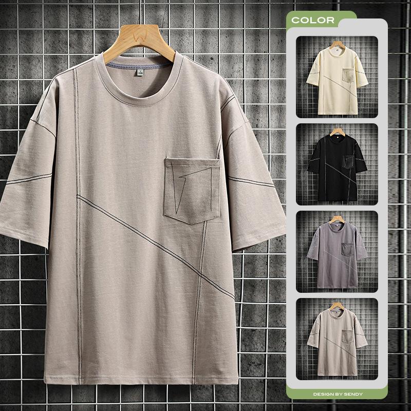 Letní pánské volné tričko s krátkým rukávem z čisté bavlny, ledového hedvábí, top s kulatým výstřihem a polovičními rukávy