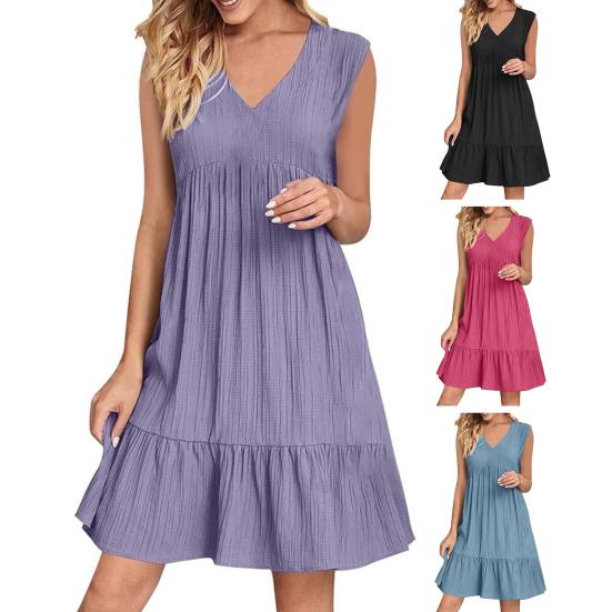 Summer Cotton Linen Dress for Women Casual Sleeveless V Neck Mini Tank Dress Tiered A-line Flowy Beach Sundress