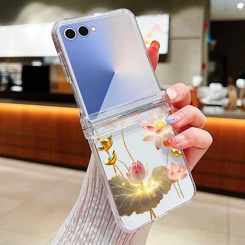 Lotus Flower Pattern Phone Case For Samsung Galaxy Z Flip 7 FE 6 5 4 3 5G Folding Hard PC Clear Cover For Samsung Z Flip7 Flip6