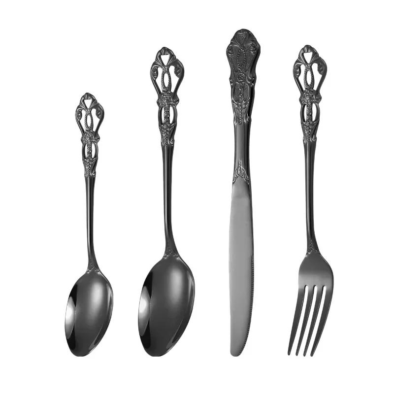 European Style Stainless Steel 4pcs Dinnerware Set - Retro Hollow Design Gold Spoon, Fork and Royal Steak Knife for Home Decor