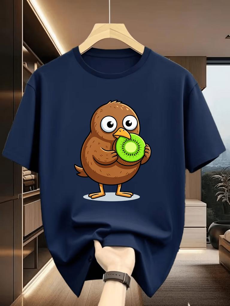Unisex Crew Neck Tee Cartoon Kiwi Bird With Fruit Print Short Sleeve Oversized Male Daily Casual Soft Breathable Basic Wear Top