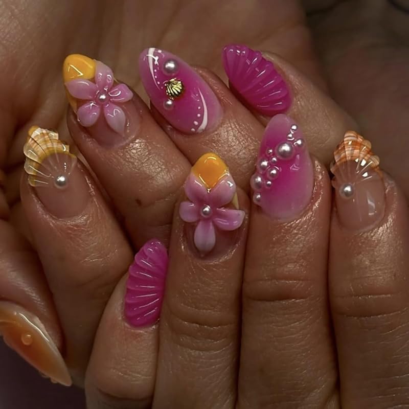 Flower Press on Nails Short Almond Fake Nails Spring Summer Nails Shell French Tip False Nails Press ons with Pearl Design Glossy Acrylic Reusable