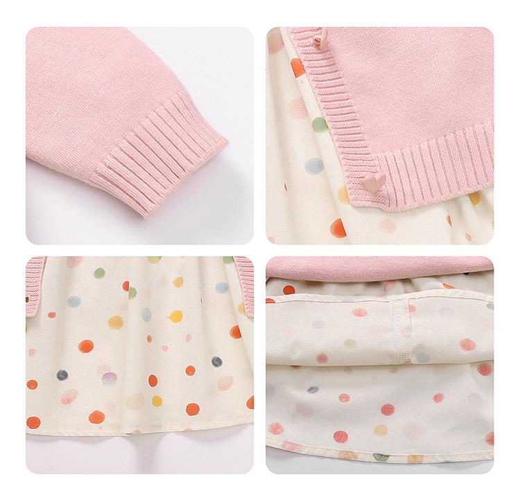 Girls' Polka Dot Doll Collar Knit Dress & Cardigan Set - Spring/Autumn Two-Piece Outfit