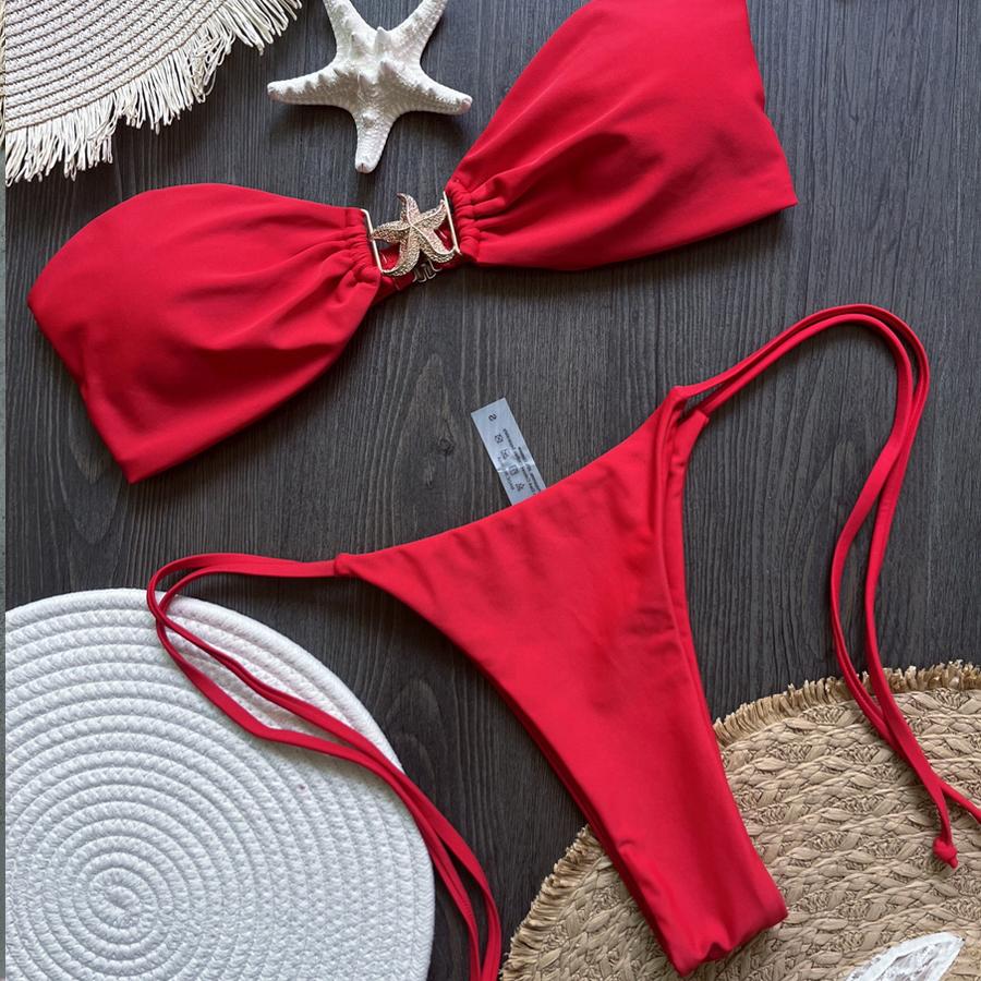 Für Strand 2025 Sexy Push-Up Bikini Damen Bademode Metall Seestern Bandeau Tanga Bikini Brasilianischer Badeanzug Damen Badedress
