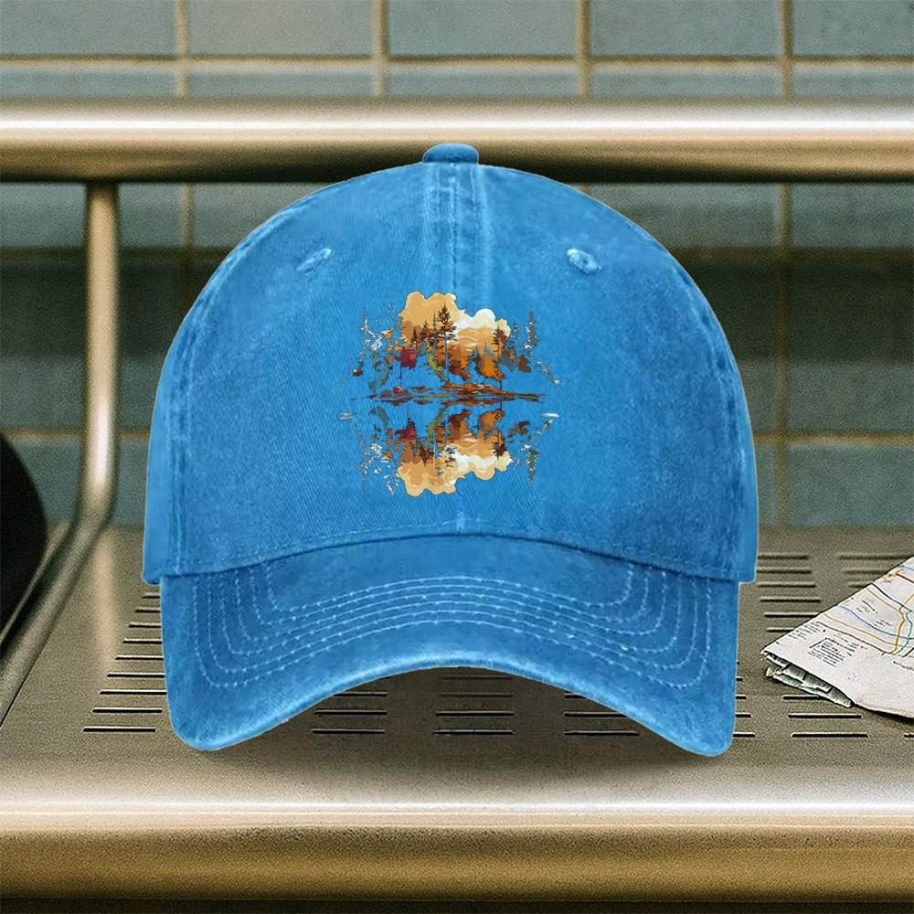 Lakeside Scenery Print Washed Denim Baseball Cap Adjustable Casual Outdoor Sun Hat