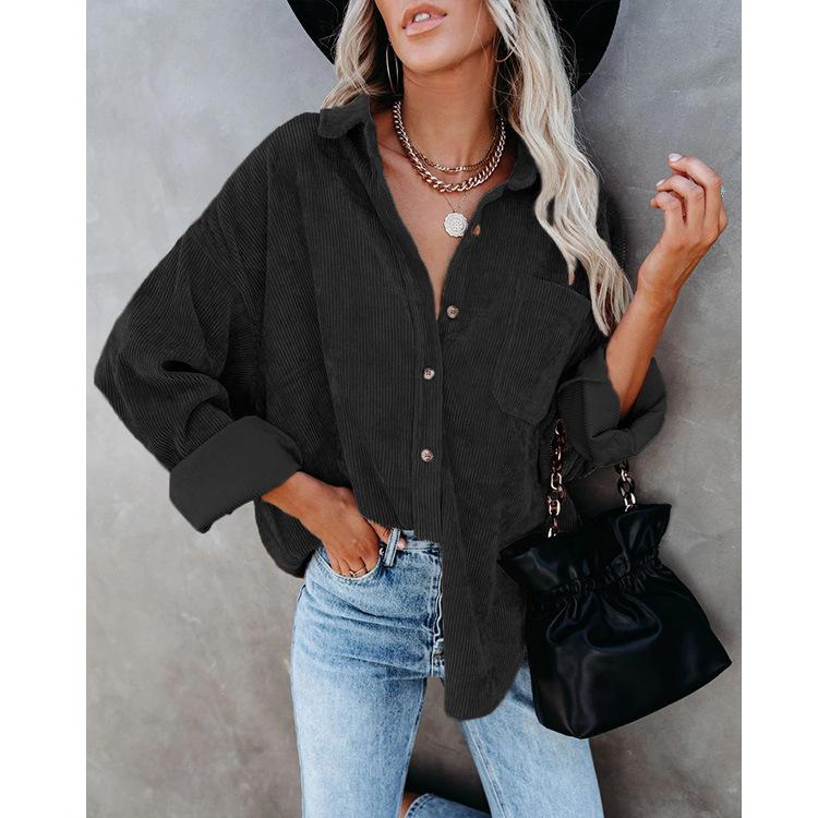 Damer Casual Manchestervårdblus Randig Damer Skjortjacka Vintage Knapp Ficka Lös Mode Blusar Toppar Plus Size