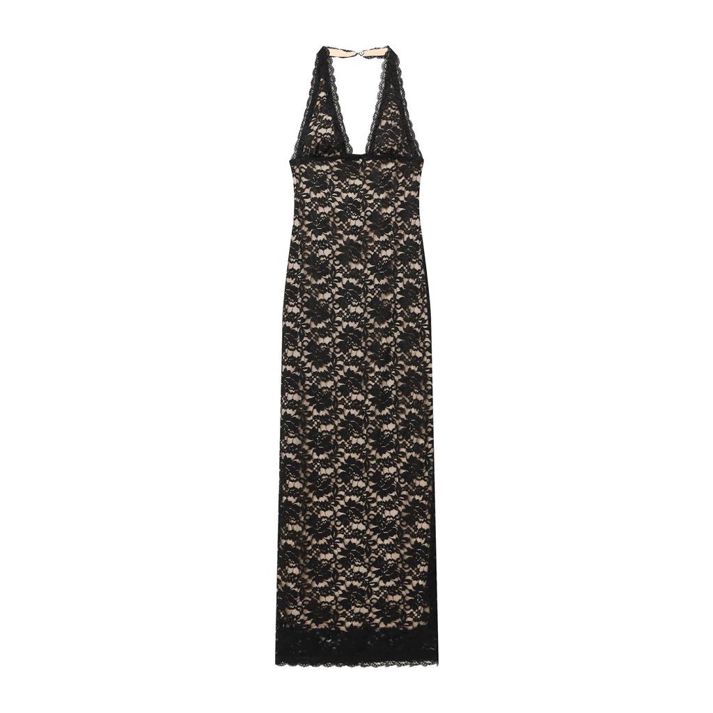 Sexy Black Lace Halter Neck Dress: Slim-Fit, Waist-Cinching, Backless, Long Style