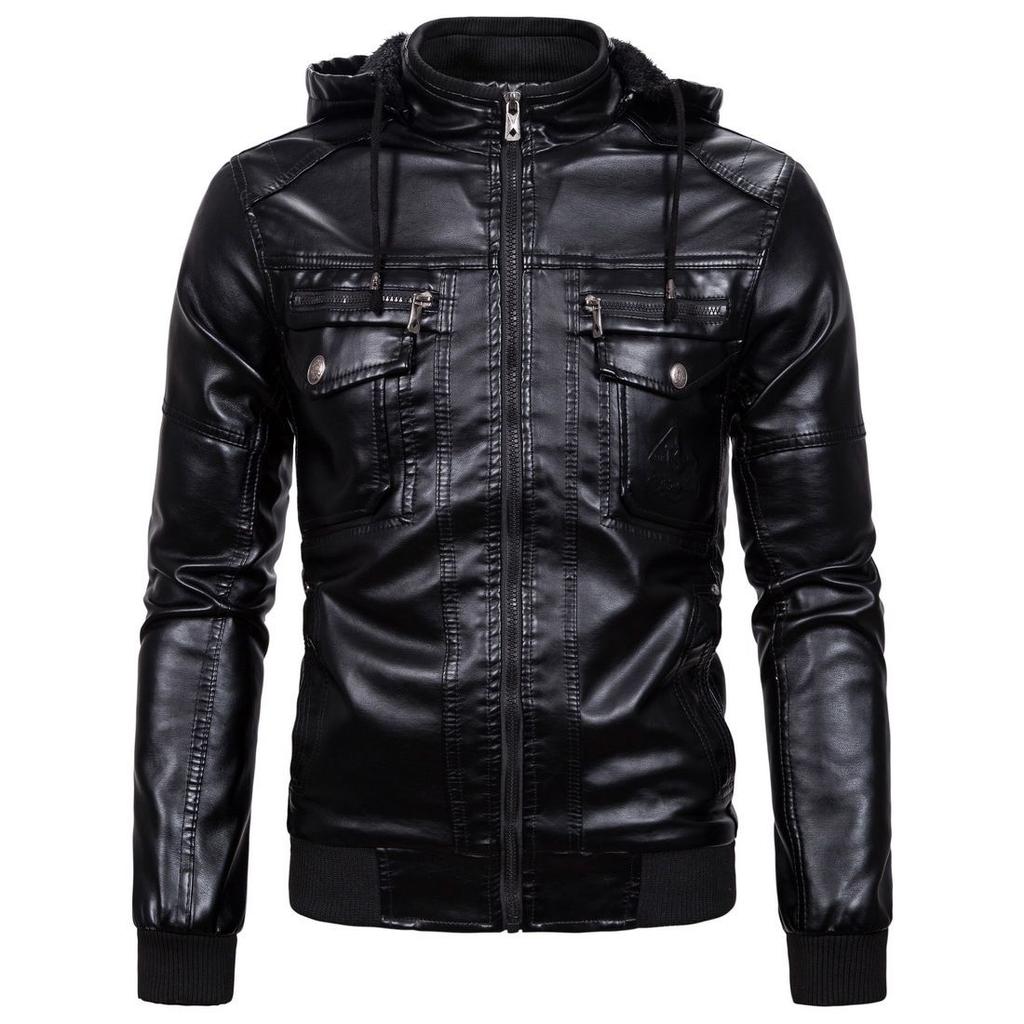 Padded Leather Jacket Men's Winter Thickening Warm Removable Cap Pu Jacket Biker Jacket