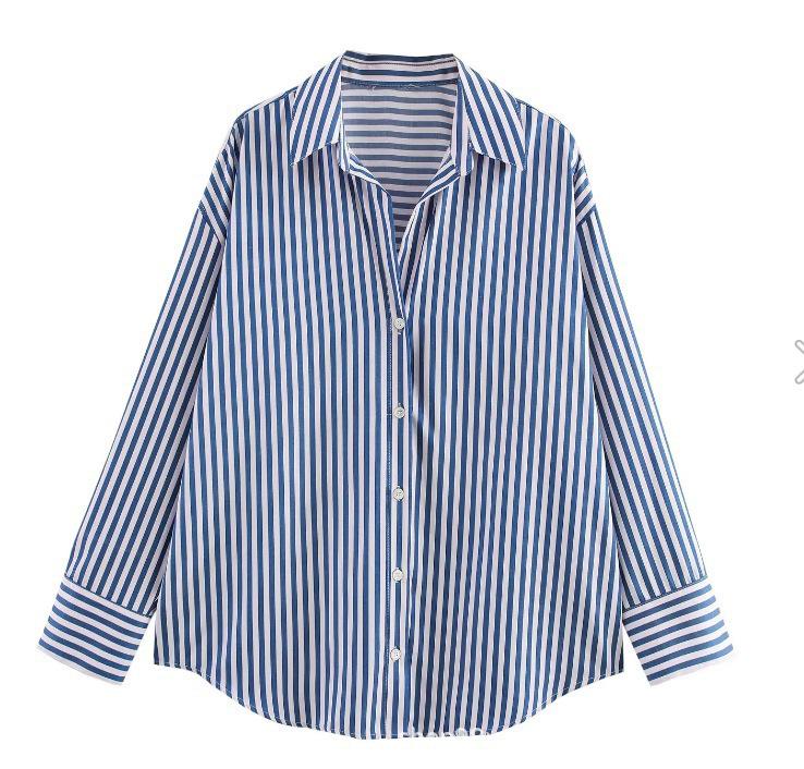 Spring & Autumn Women's European & American Style Striped Lapel Single-Breasted Loose Long Sleeve Shirt