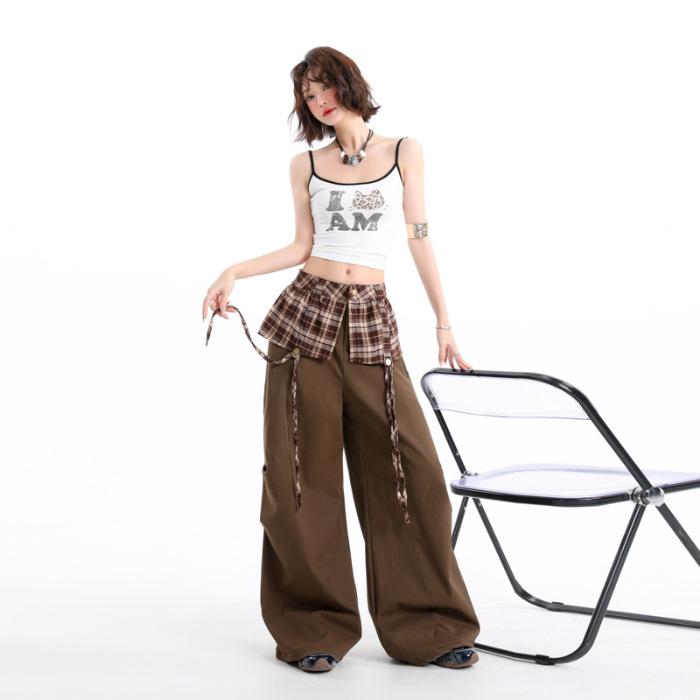 

Women s Spring Plaid Wide-Leg Cargo Pants: American Spicy Girl Two-Piece Look, Slimming Sports Pants Large
