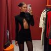Damen Sexy Hoher Kragen Langarm Ausgeschnitten Cropped Bodycon Mini Abendparty Kleid