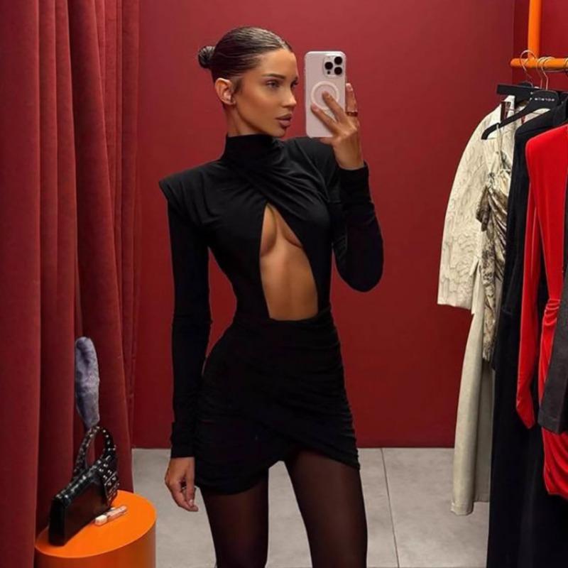 Damen Sexy Hoher Kragen Langarm Ausgeschnitten Cropped Bodycon Mini Abendparty Kleid