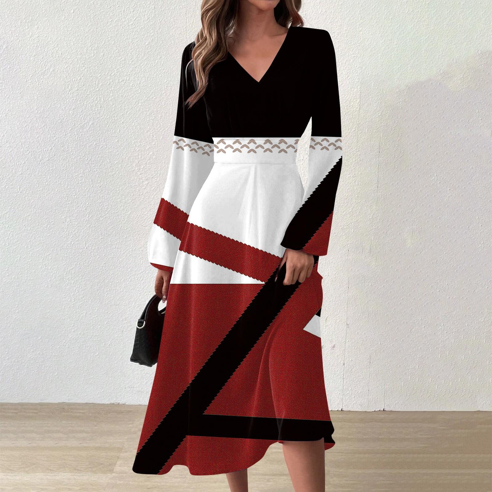 

Women s Autumn And Winter Casual Fashion V-neck Long Sleeve Geometric Print Long Dress XXL