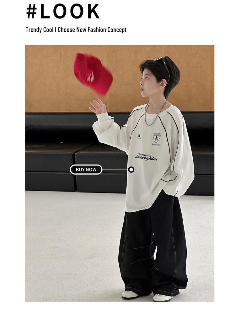 2025 Autumn Boys' American Trend Raw Denim Slimming Jeans - Loose, Straight Leg Pants