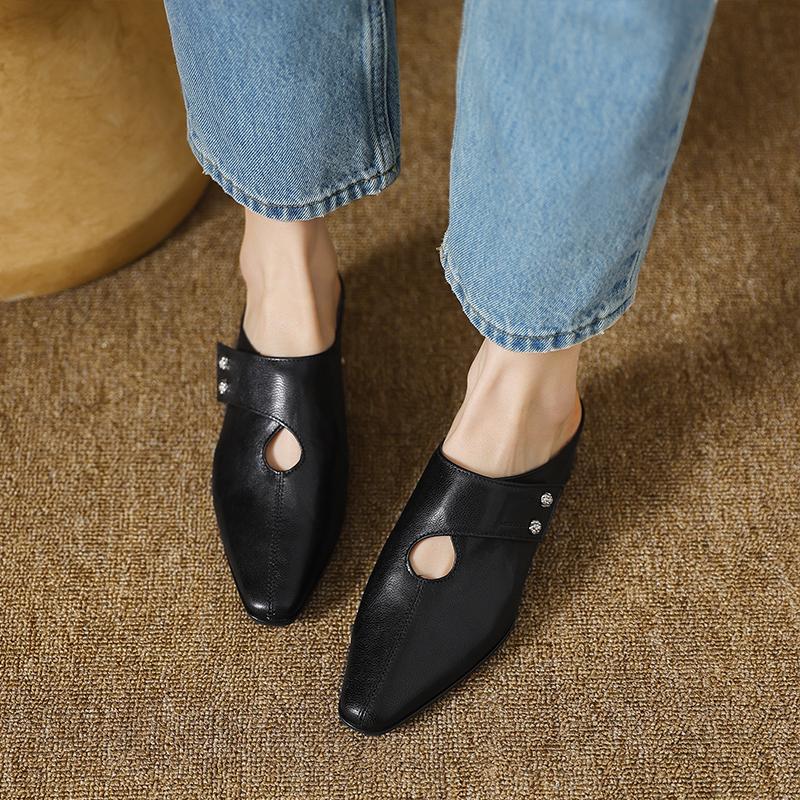 Fashion 2025 Summer Covered Toe Genuine Leather Slippers Women Thick Heels Casual Mules Summer Daily Walk Sheepskin Leather Slippers