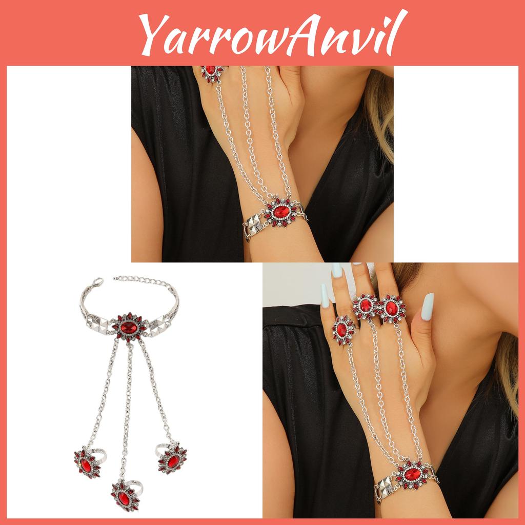 Retro Boho Style Alloy Water Drilled Flower Ring Hand Chain For Gift