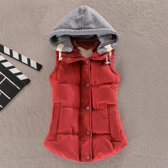 Women Autumn Winter Color Block Sleeveless Hooded Waistcoat Warm Thick Vest Coat