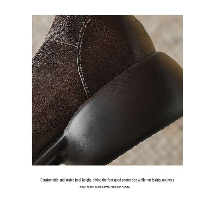 2025 Retro Brown Camellia Leather Round-Toe Loafers with Thick Soles for Spring & Autumn