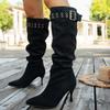 Fashion Buckle Strap High Heel Long Boots for Women Fashion Pointed Toe Stiletto Heeled Party Shoes Women Pleated Design Knee High Boots