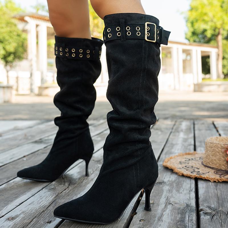 Fashion Buckle Strap High Heel Long Boots for Women Fashion Pointed Toe Stiletto Heeled Party Shoes Women Pleated Design Knee High Boots