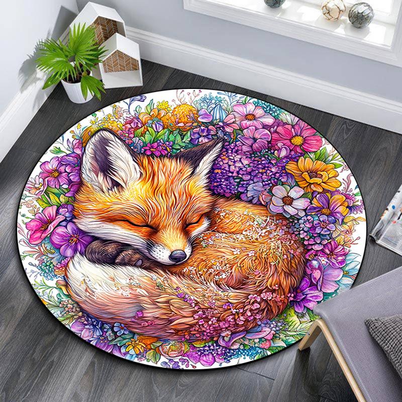 Sleeping Fox Round Area Rug,Carpet Rug for Living Room Bedroom Sofa Playroom Decor,Non-slip Floor Mat