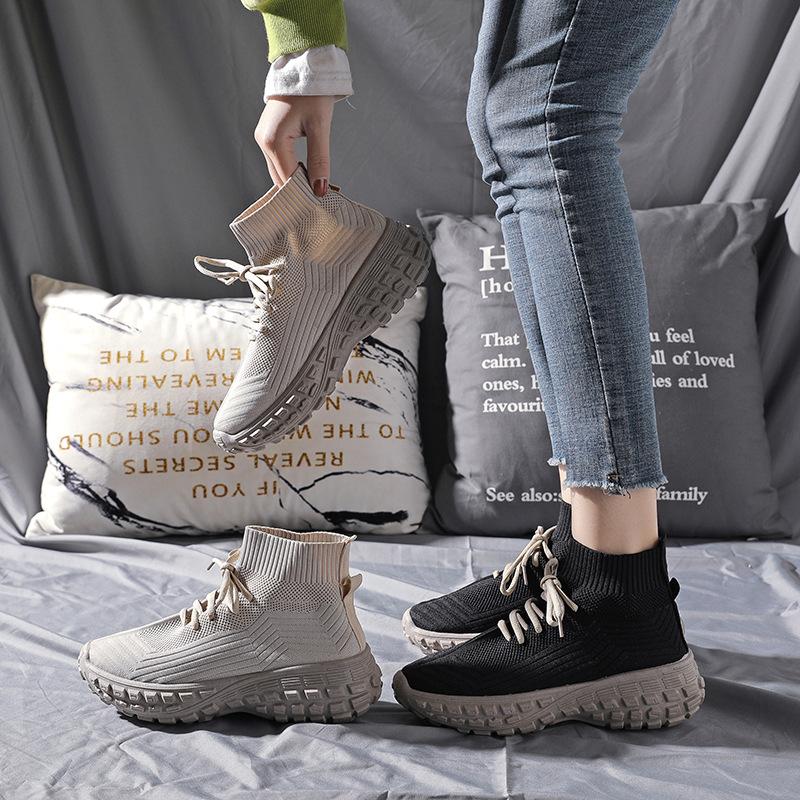 

2024 spring new women s shoes tire sole dad shoes casual shoes retro high-top breathable fly-woven women s sneakers 36 чёрный