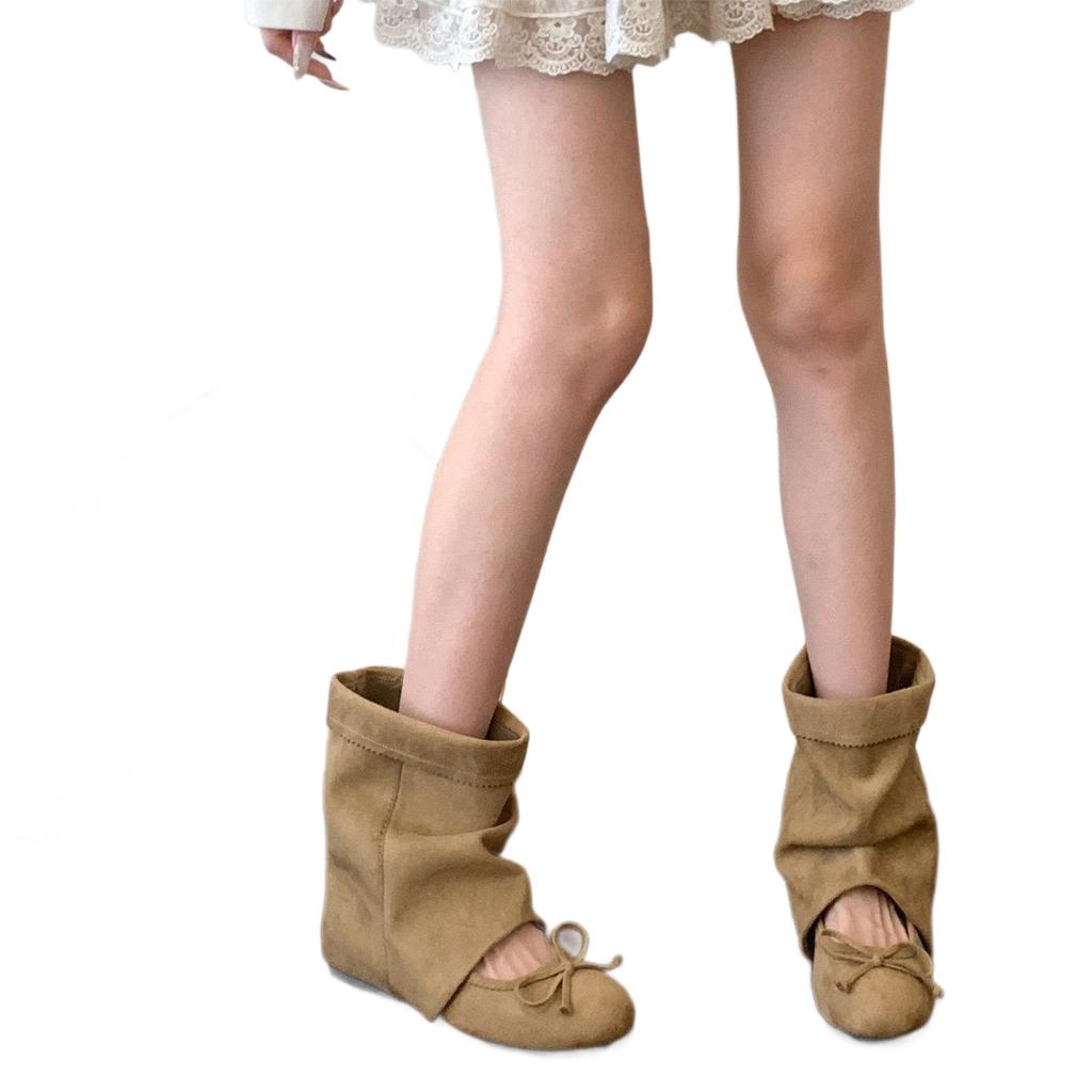 Maillard boots autumn new design sense round head bow inner height increase cool boots ballet shoes