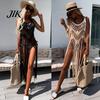 Exotisches Hohlmuster Oberteil für Damen Boho Strandkleid mit Fransen Saum Sexy Überwurf Träger Sommer Badeanzüge Kittel Häkelarbeit Quaste Strandmode Bikini