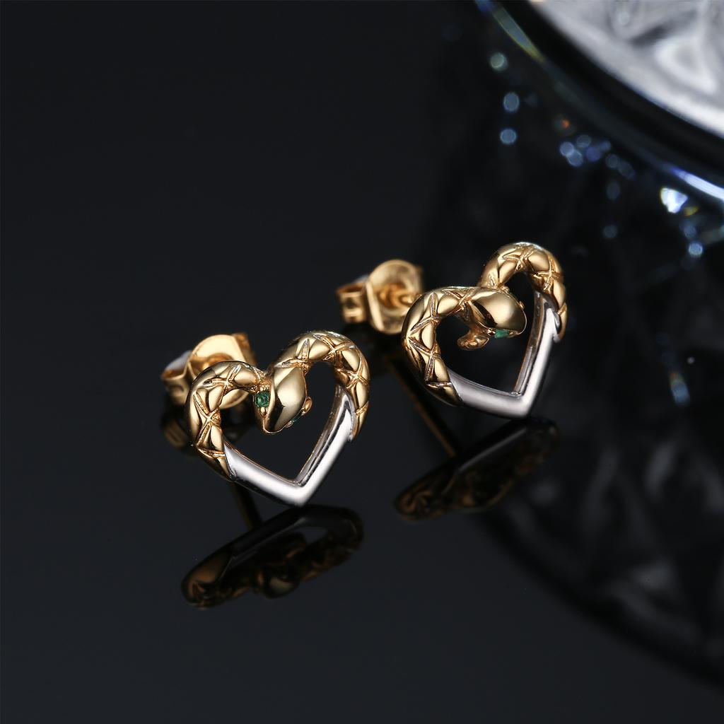 New 14K Gold-coated 925 Sterling Silver Earrings Wholesale Inlaid Zircon Heart-shaped Snake Stud Earrings Niche European and American Silver Jewelry