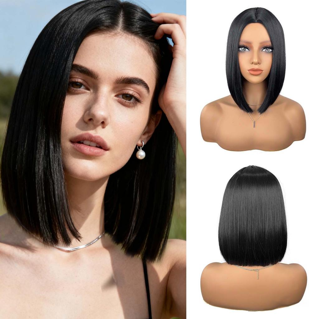 Women Bob Straight Hair Wig with Middle Part No Bangs Made of Heat-Resistant Synthetic Fiber Suitable for Daily Wear and Parties