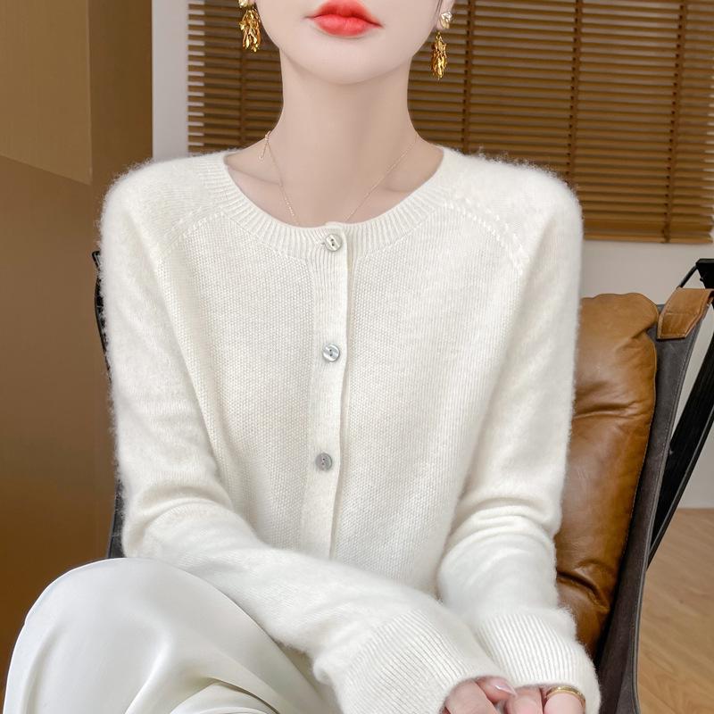 

Женский кардиган из шерсти облегающего кроя с круглым вырезом - Осенне-зимний вязаный модный свитер M (95-110 jin)