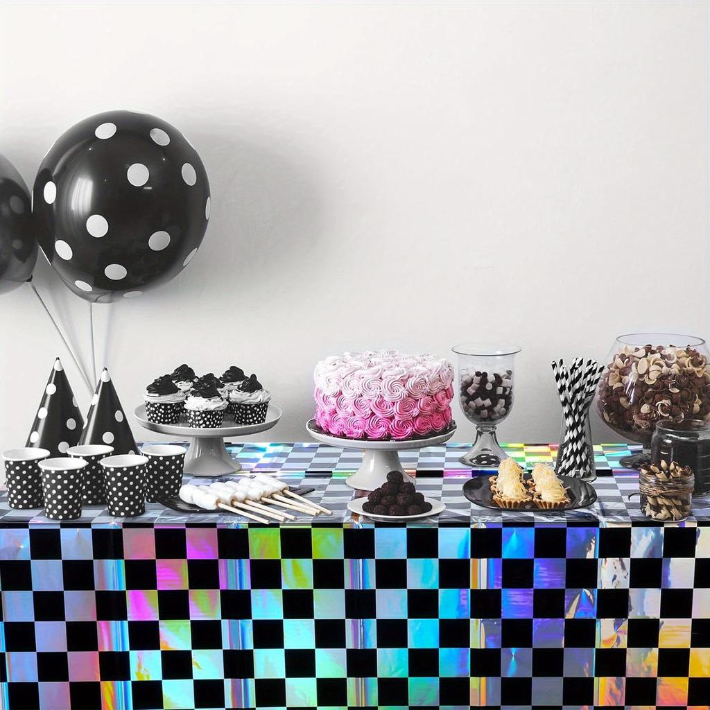 Disposable Checkered Plastic Tablecloth 2pcs Set Shiny Laser Rectangular Cover for Outdoor Picnic Camping Party Supplies