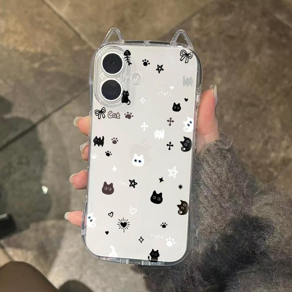 Applicable to Apple 11PROMAX mobile phone case, black and white star love cat head iPhone11 three-dimensional cat ear case 11