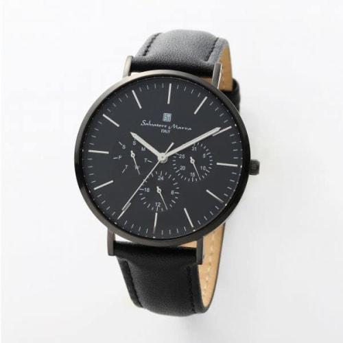 Authentic Salvatore Marra Wristwatch SM22102-BKBK, Water Resistant, Date and Day Display, Leather Strap, BKBK