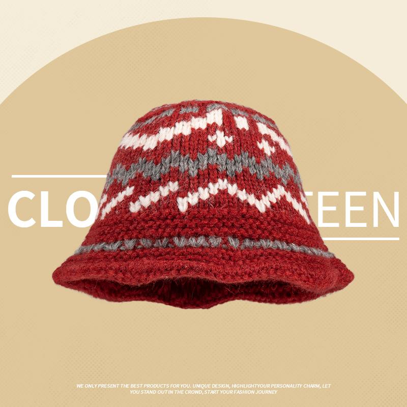 Vintage mixed-color knitted pattern hand-woven wool hat women's winter warm crimped ear hat women