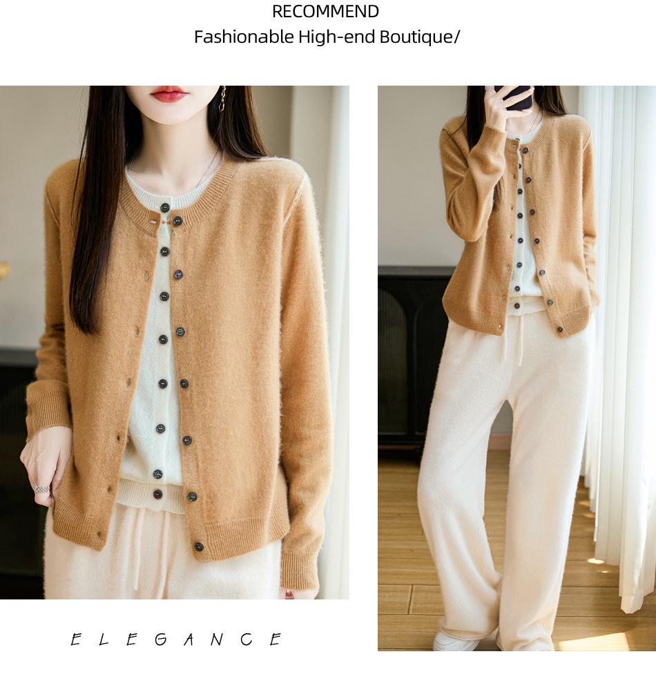 Women's 100% Wool Cardigan: Autumn-Winter Knit Jacket, Loose Fit, Long Sleeve, Versatile Outerwear.