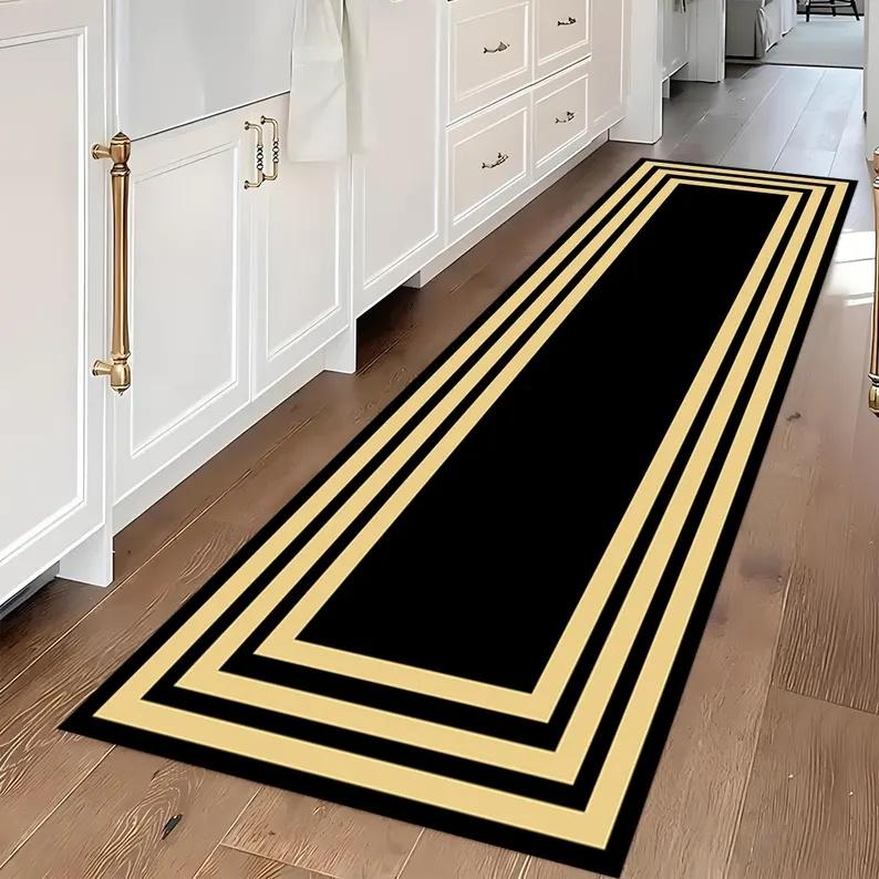 Tappetino da Cucina Moderno Semplice Nero e Oro Bordo a Strisce Tappetino Antiscivolo per Pavimento Anti-affaticamento per Area Decorazione Casa Tappeto Runner Lavabile