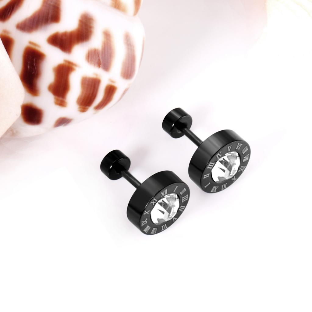 Stainless Steel Acrylic Crystal Stud Earrings for Women Men Punk Roman Number Clear Black CZ Bling Fashion Ear Jewelry