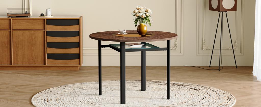 Round Table Modern Minimalist Design with 100 cm Diameter and Brown Wood Pattern, Suitable for 2-4 People (Brown-Grey Glass Plate and Metal Frame).