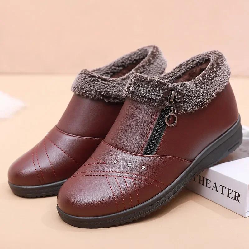 Fashion Women Ankle Short Boots Waterproof Snow Boot Shoes Women Casual Lightweight Warm Winter Soft Leather Elderly Shoe Zapatos Mujer